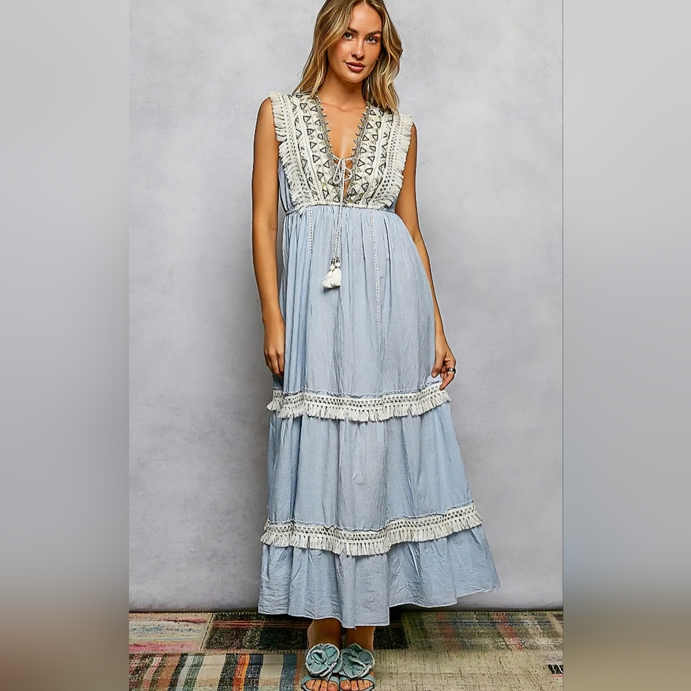 POL Light Blue and Cream Maxi Dress